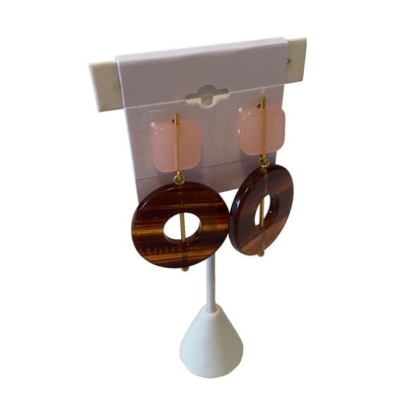 Two Tone Acrylic Lightweight Open Circle Drop Earrings in Peach & Tortoise. - Picture 2 of 5